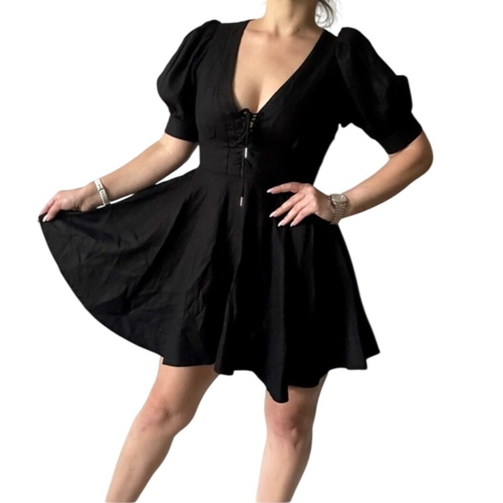 House of Harlow 1960 Black Lace Up Puff Sleeve Mini Dress Size 0 US Womens